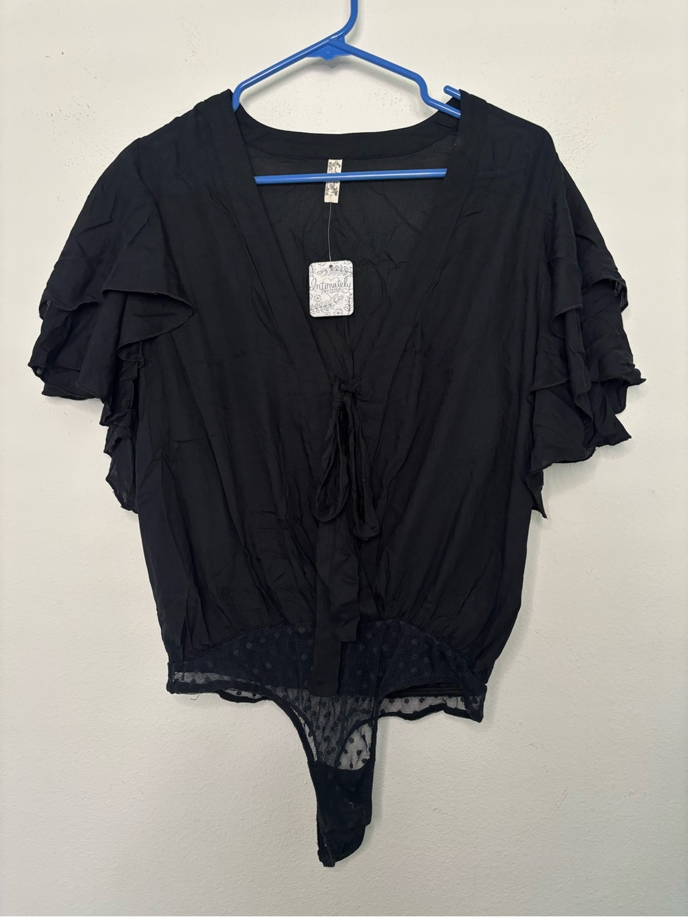 FREE PEOPLE INTIMATELY NWT BLACK RUFFLE TIED MESH UNDIES BODYSUIT SZ SMALL